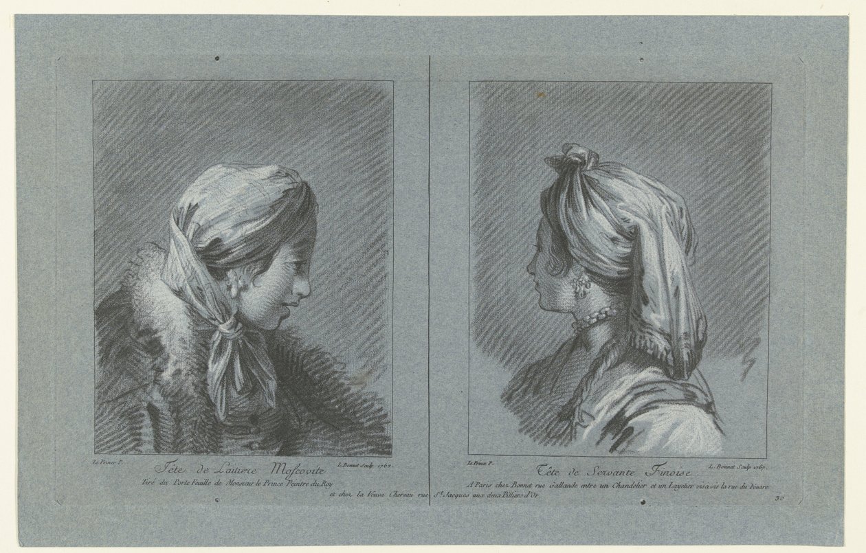 Portræt af en moskusagtig mælkepige og en finsk tjenestepige Tête de laitiere Moscovite (titel på objekt) Tête de Servante Finoise (titel på objekt) af Louis Marin Bonnet
