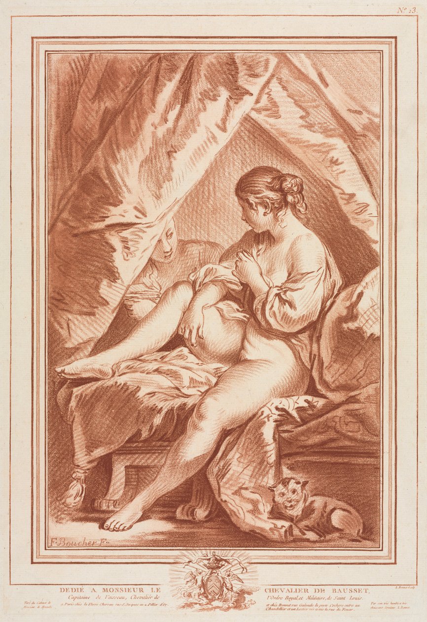 Ung kvinde siddende på en seng, før 1764. af Louis Marin Bonnet