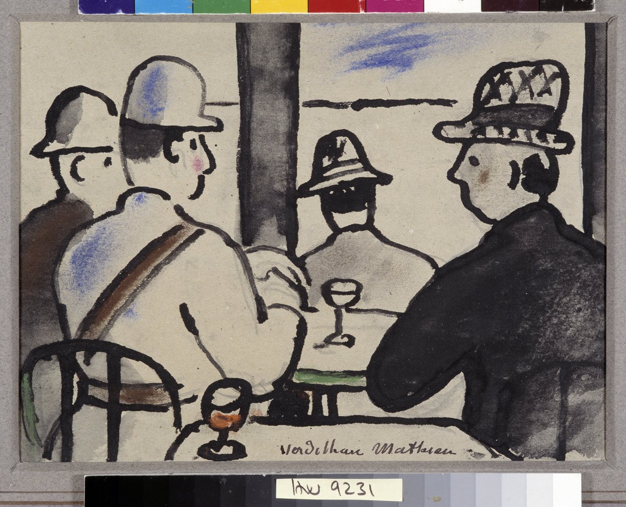 Fire karakterer i baren (akvarel) af Louis Mathieu Verdilhan