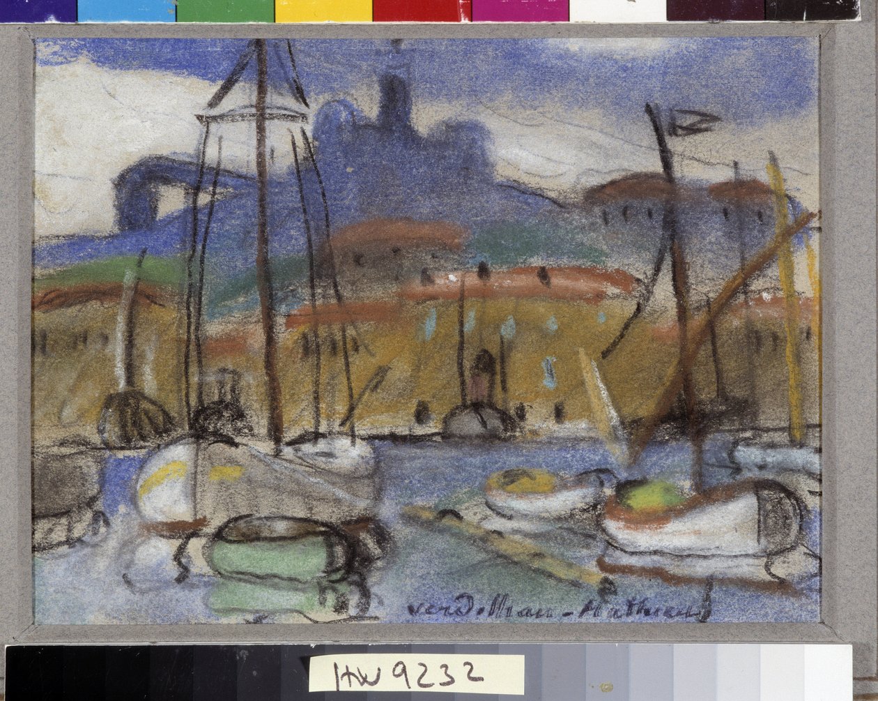 La Bonne Mère Vue de Marseille fra havnen med Cathedrale Notre Dame de la Garde (Notre-Dame-de-la-Garde), også kaldet "Bonne Mère". Pastel af Louis Mathieu Verdilhan (1875-1928) Obligatorisk omtale: Collection foundation regards de Provence, Marse af Louis Mathieu Verdilhan