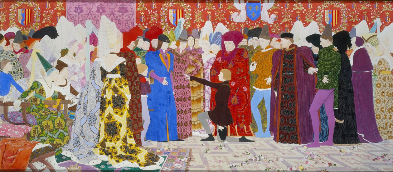 Her Appeal to the Dauphin, fra Joan of Arc Series B, 1906 (olie og bladguld på lærred) af Louis Maurice Boutet de Monvel