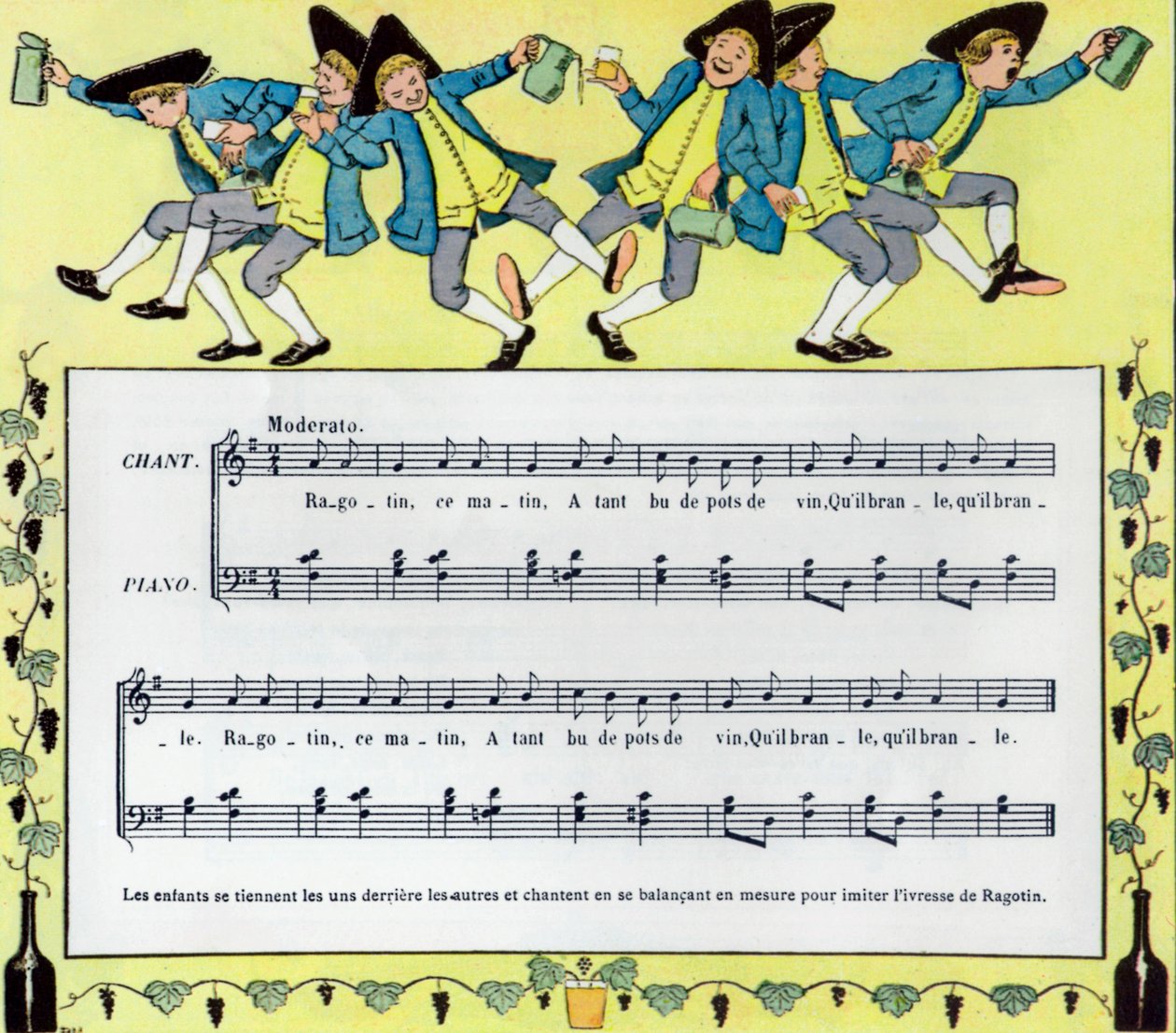 Partitur og illustration af Louis Maurice Boutet de Monvel af barnesangen Ragotin af Louis Maurice Boutet de Monvel