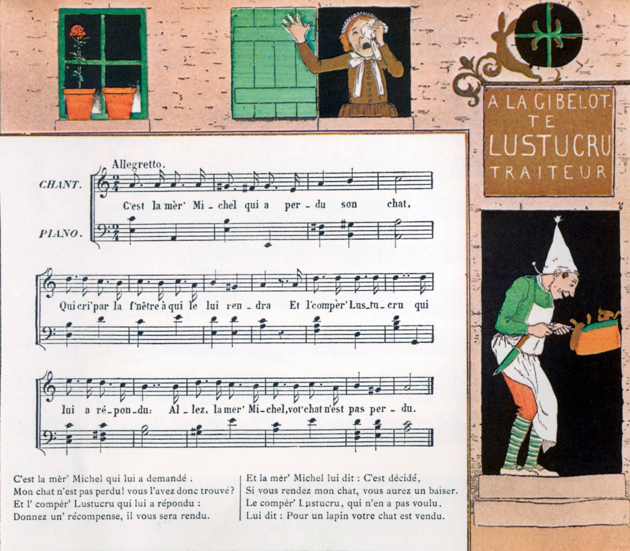 Partitur og illustration af barnesangen La mere Michel af Louis Maurice Boutet de Monvel