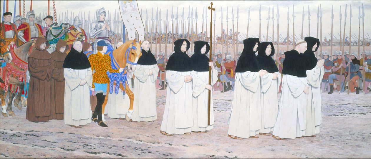 The Maid in Armor on Horseback, fra Joan of Arc Series C, ca. 1905-11 (olie og bladguld på lærred) af Louis Maurice Boutet de Monvel
