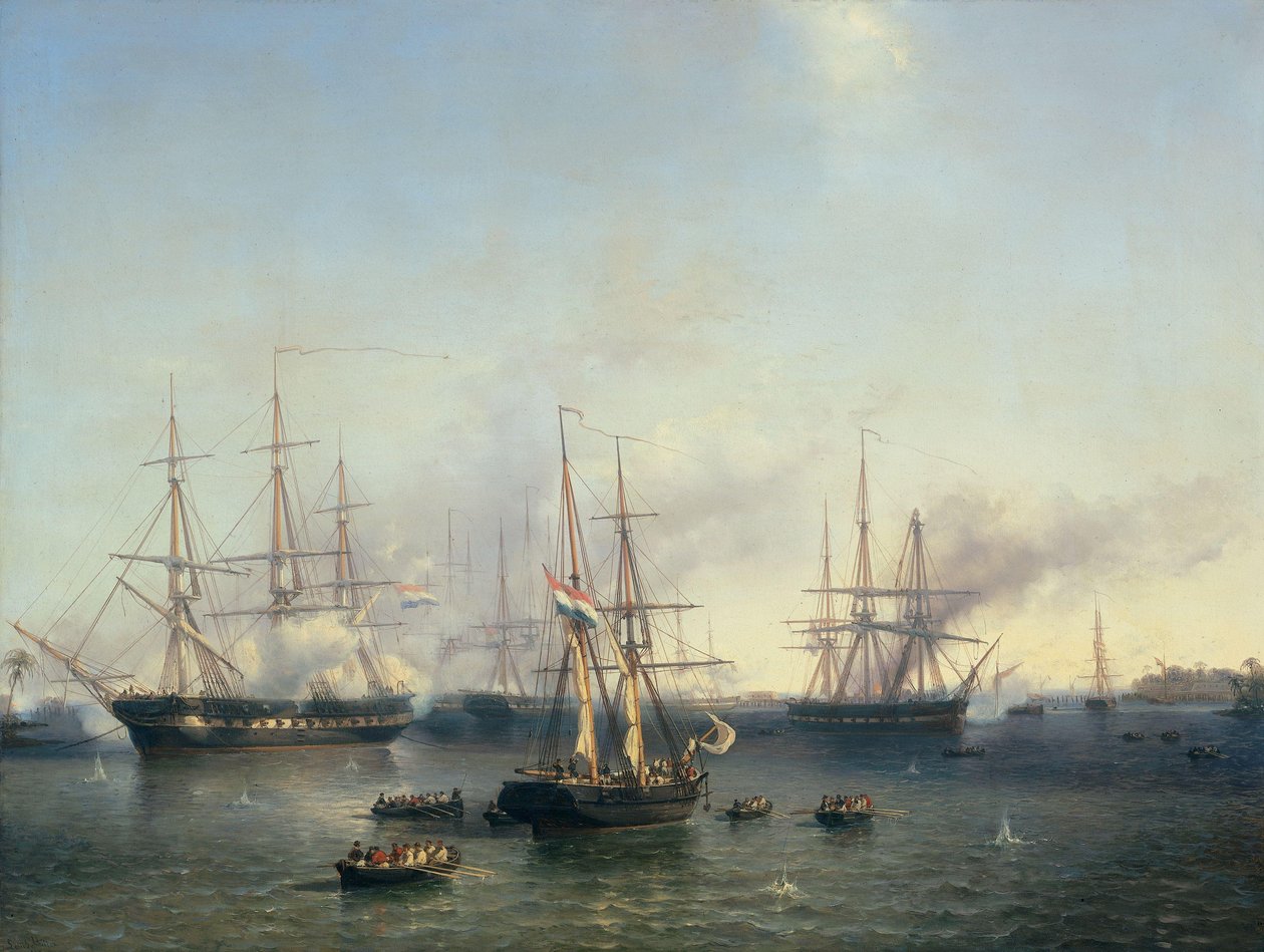 Erobring af Palembang, Sumatra i Indonesien, af generalløjtnant De Kock, 24. juni 1821 af Louis Meijer (signed by artist)