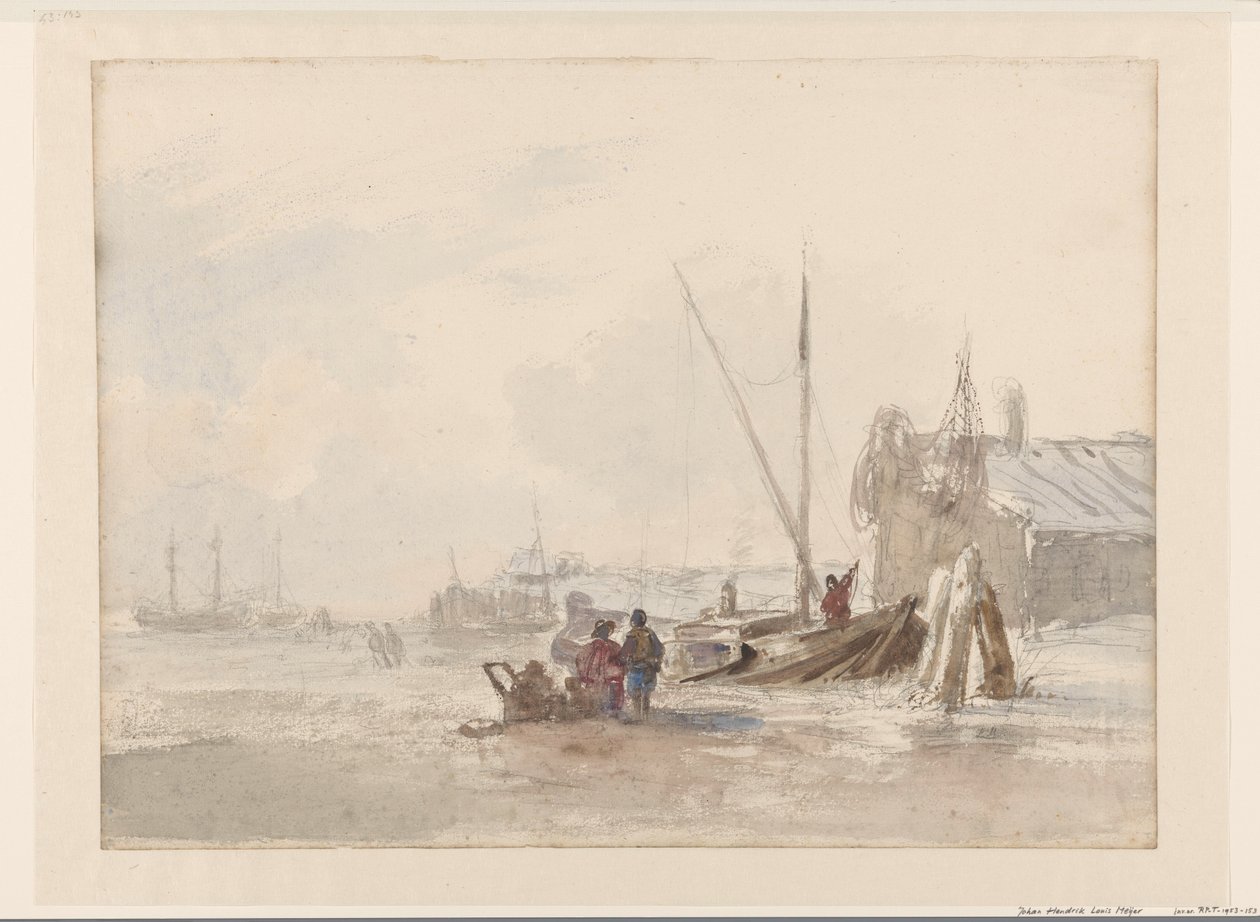 Strandscene med fiskere ved en båd i forgrunden af Louis Meijer