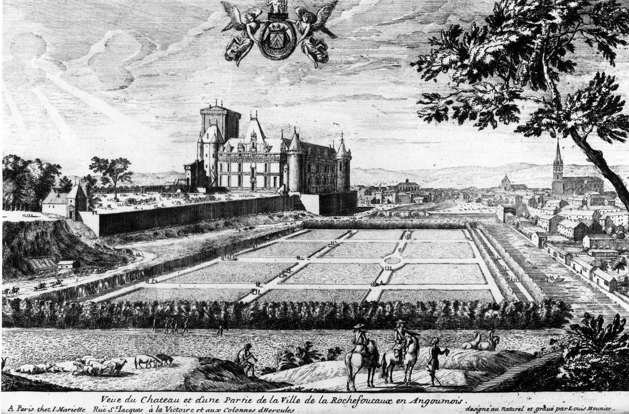 Chateau de la Rochefoucauld i Liancourt; gravering af Louis Menier - Familiearkiver. af Louis Meunier