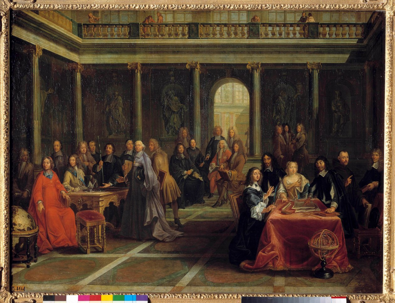 Dronning Christine af Sverige, omgivet af sit hof, der hører filosoffen Rene Descartes lave en geometridemonstration; i nærværelse af prinsen af Conde, Elisabeth de Baviere, prinsesse Palatine og fader Mersenne 