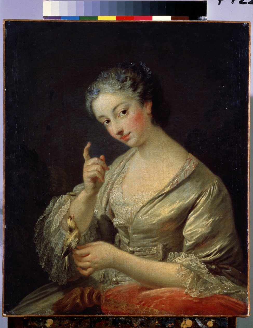 Kvinde med en fugl (Lady with a bird). Maleri af Louis Michel Van Loo (1707-1771). Olie på lærred, 64 x 53,5 cm, 1700-tallet. Fransk kunst, rokokostil. Eremitagemuseet, Sankt Petersborg. af Louis Michel van Loo
