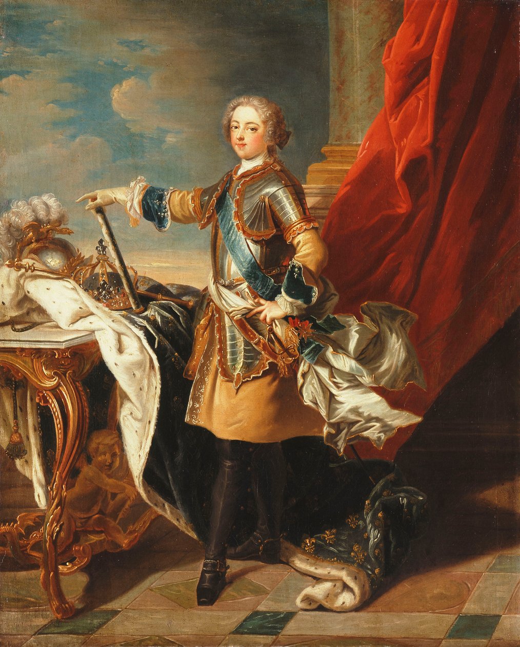 Portræt af kong Louis XV, i fuld længde, iført halv rustning, af Louis Michel van Loo