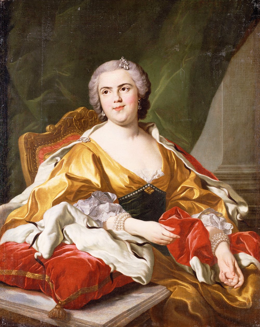 Portræt af Louise Elisabeth de Bourbon, hertuginde af Parma, siddende, trekvart længde, af Louis Michel van Loo