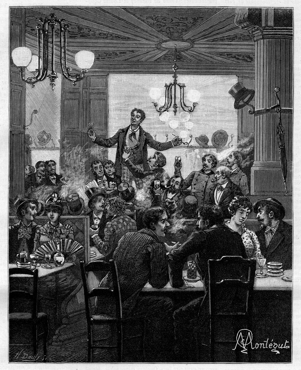 I midten, på et bord, fører Desroches charivarien. Scene i en parisisk cafe: folk synger, drikker, ryger, chatter og flirter rundt om borde. I "" Trento ans de Paris"" selvbiografisk samling af Alphonse Daudet (1840-1897). Gravering efter Montegut