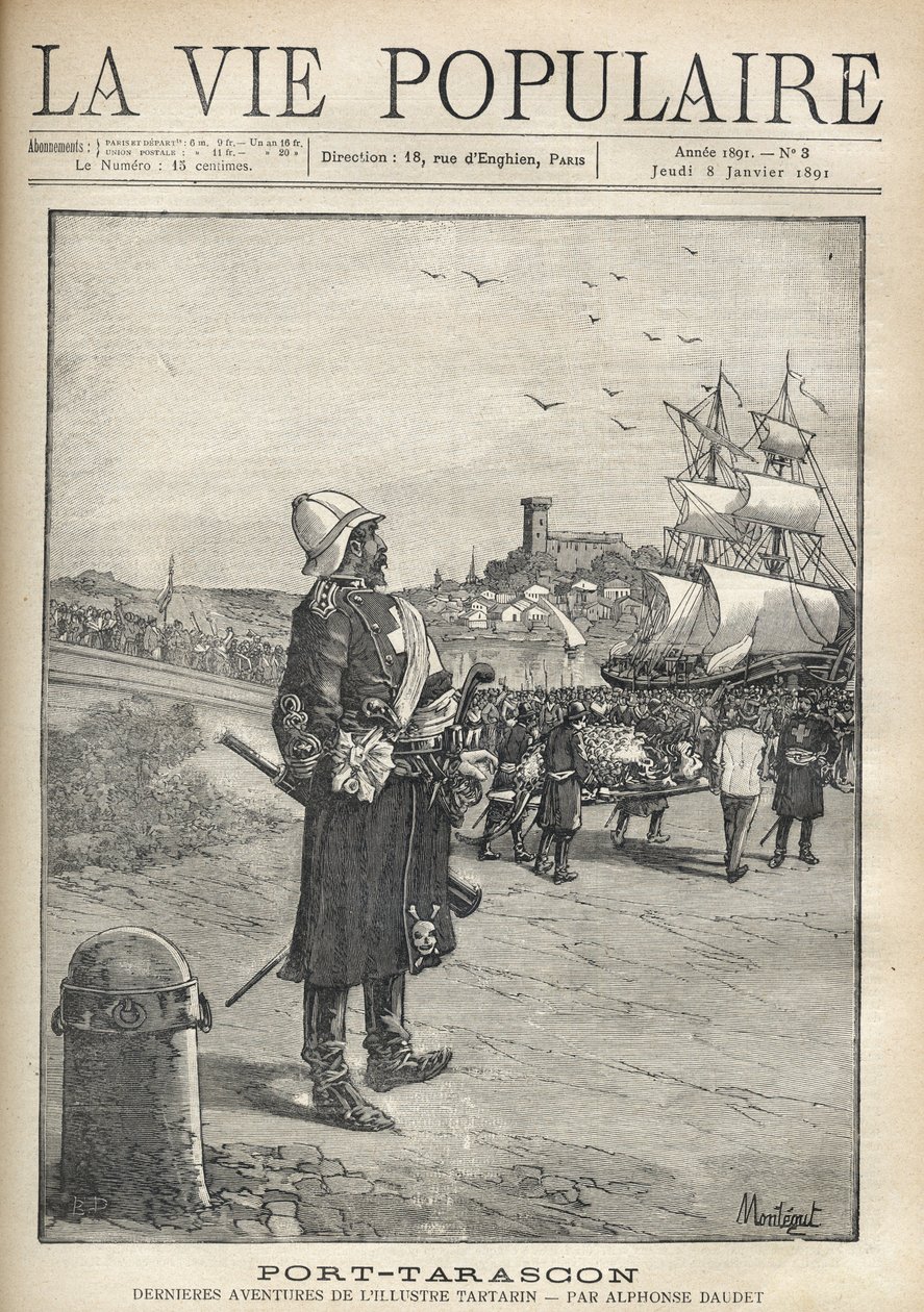 Mand, der observerer en besmittelse af Tarasque på havnen på øen Port Tarascon. Illustration af Montegut til "Port-Tarascon" af Alphonse Daudet (1840-1897). Stik fra 1891 i "La vie populaire". Privat samling af Louis Montegut