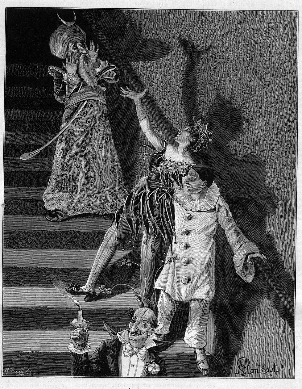 Om aftenen med balmasker rystede hotellets smalle trappe under de vanvittige degringolader eller klokkerne af en galskabshætte hver gang. I "" Trento ans de Paris"" selvbiografisk samling af Alphonse Daudet (1840-1897). Stik efter man af Louis Montegut