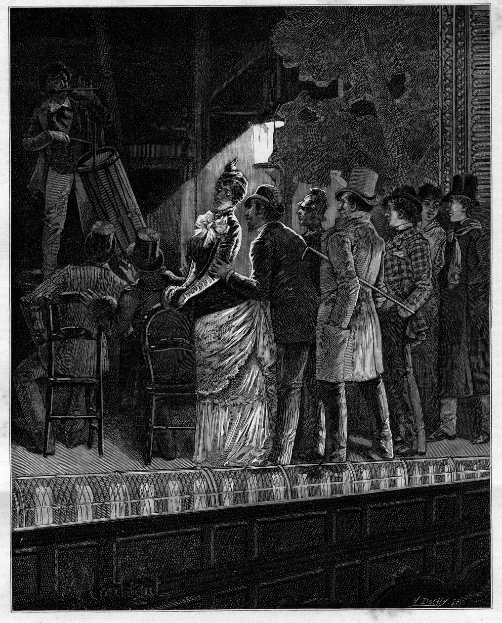 Hvilken effekt, gode gud, frembragte denne rustikke musik på dette skeptiske publikum... Tilskuere, der lytter til en trommespiller. I "" Trento ans de Paris"" selvbiografisk samling af Alphonse Daudet (1840-1897). Indgravering efter Monteguts illustration af Louis Montegut