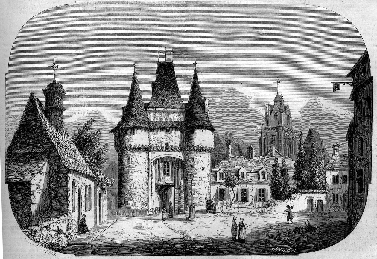 Arkitektur: udsigt over porten Saint Julien (1460-1483), I baggrunden udsigt over den gotiske kirke Notre Dame des Marais (1450-1623). La Ferte Bernard, Sarthe (72) af Louis Moullin