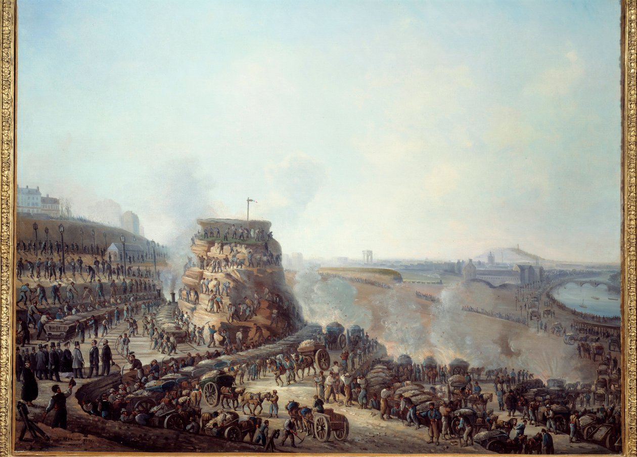 Transformationer af Paris under det andet imperium, Haussmann Paris. "" Besøg af kejser Napoleon III (1808-1873) og Impress Eugenie (1826-1920) på byggepladsen, hvor Chaillot-bakken kollapsede""" Denne byggeplads er en af de største af Louis Moullin