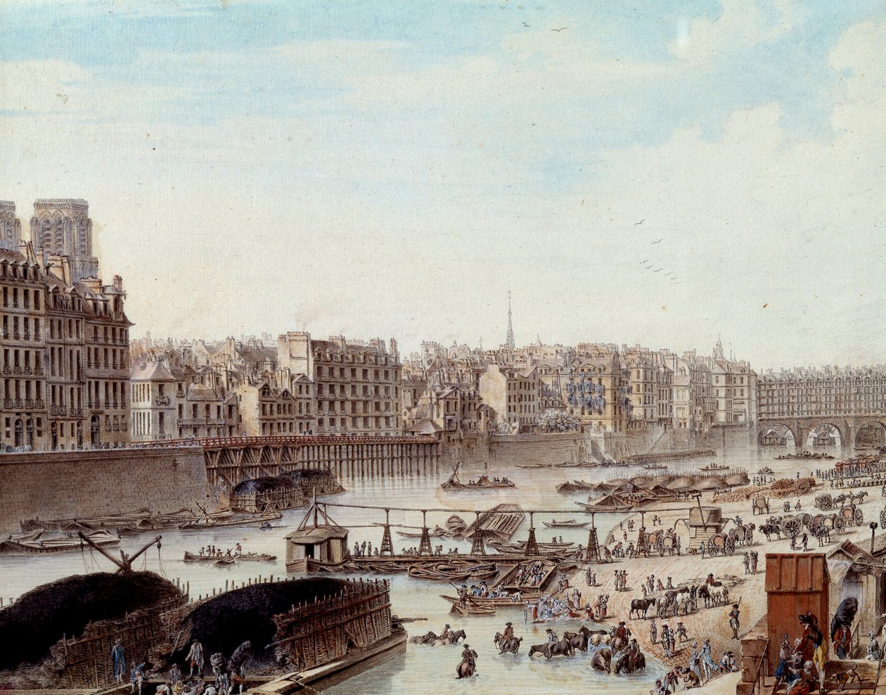 Maritimt liv på havnen i Paris i 1782 Peniches og kommercielle aktiviteter på Seinen. Detalje. Tegning af Louis de Lespinasse (1734-1808) 1782. Paris, Musee Carnavalet af Louis Nicolas de Lespinasse