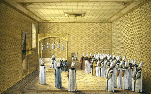 Præsentationen af en ambassadør for sultanen i salen af andragender i Topkapi-paladset, Konstantinopel (akvarel og kropsfarve med kridt, pen og blæk på papir) af Louis Nicolas de Lespinasse
