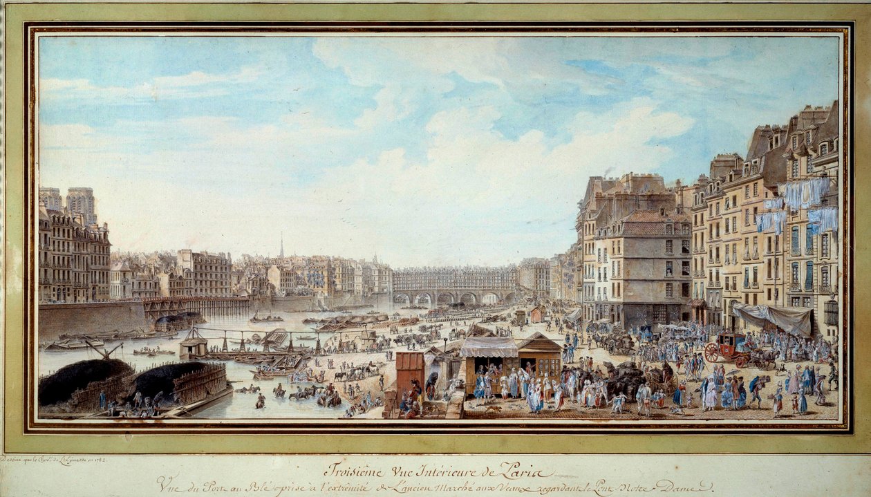 Udsigt over havnen ved hvalen taget fra dengang den gamle Marche aux veaux mod broen Notre-Dame i Paris Akvarel af Louis Nicolas de Lespinasse (1734-1808). 1782. Paris, Musee Carnavalet af Louis Nicolas de Lespinasse