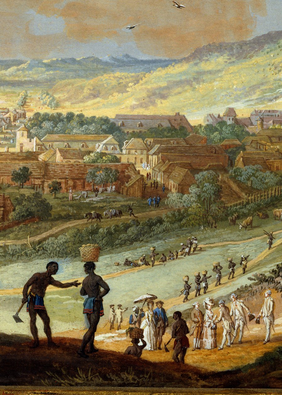 Detalje: "" Udsigt over byen Cape francais (Cap de la Republique) udsigt over bakken i Santo Domingo"" Detalje. Maleri af Louis Nicolas Van Blarenberghe (1716-1794) 1779 La Rochelle, Museum of the New World. af Louis Nicolas van Blarenberghe