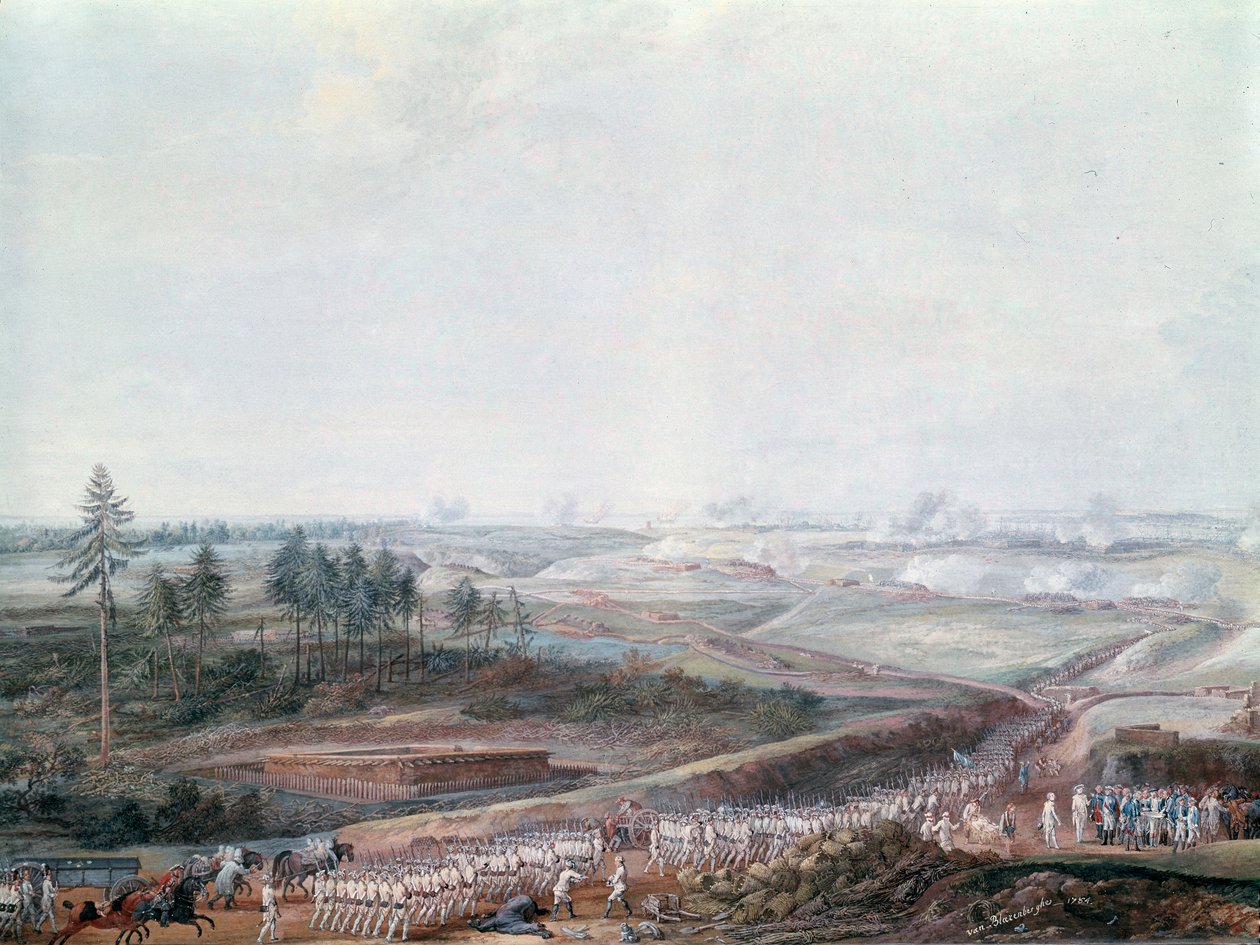 American Revolutionary War: Slaget ved Yorktown (eller York Town) den 19/10/1781, detaljer af Louis Nicolas van Blarenberghe