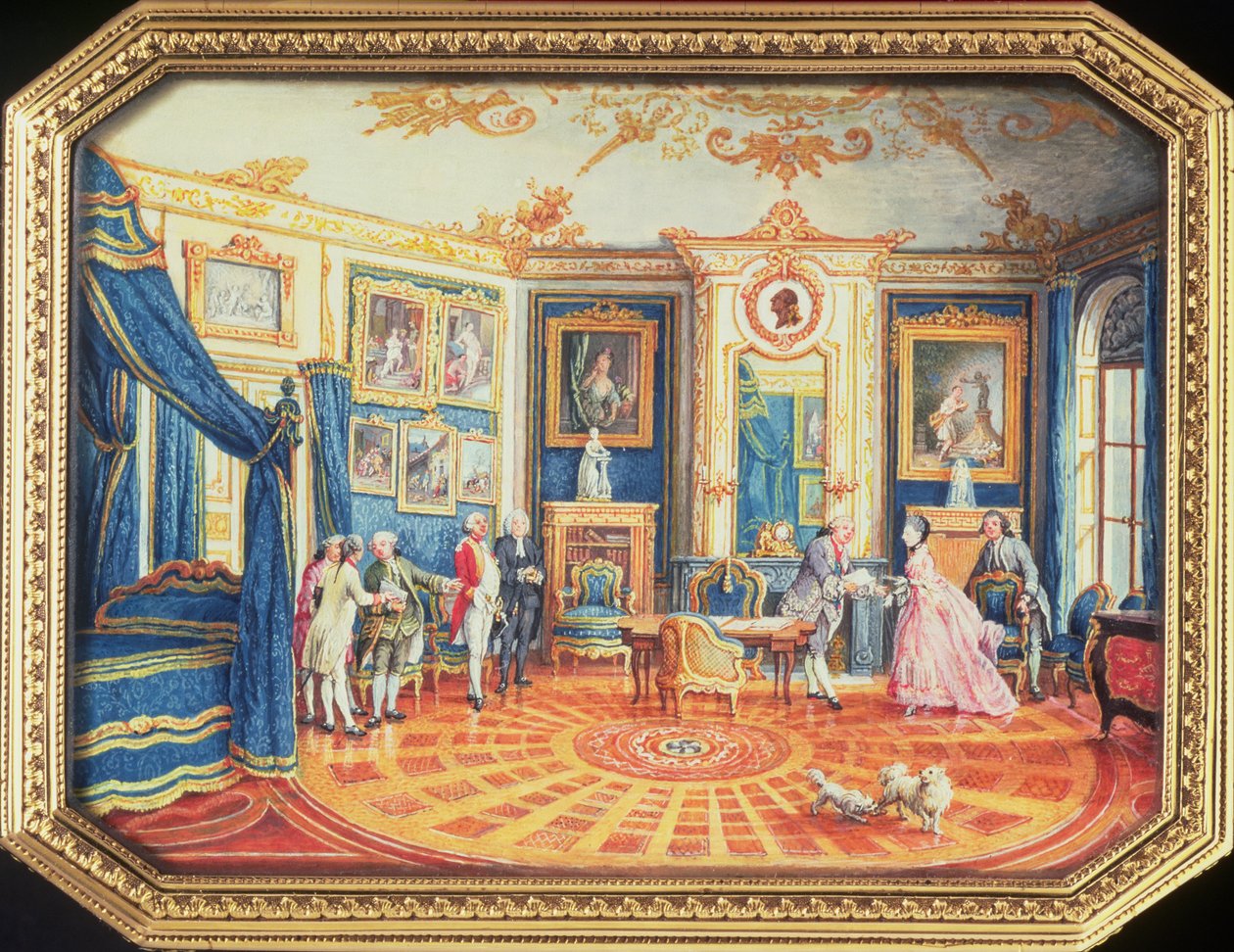 Låg på en snusdåse lavet af Louis Roucel (d.1787), der viser et værelse i dets vintermøbler på Hotel de Choiseul, ca. 1770 (emalje) af Louis Nicolas van Blarenberghe