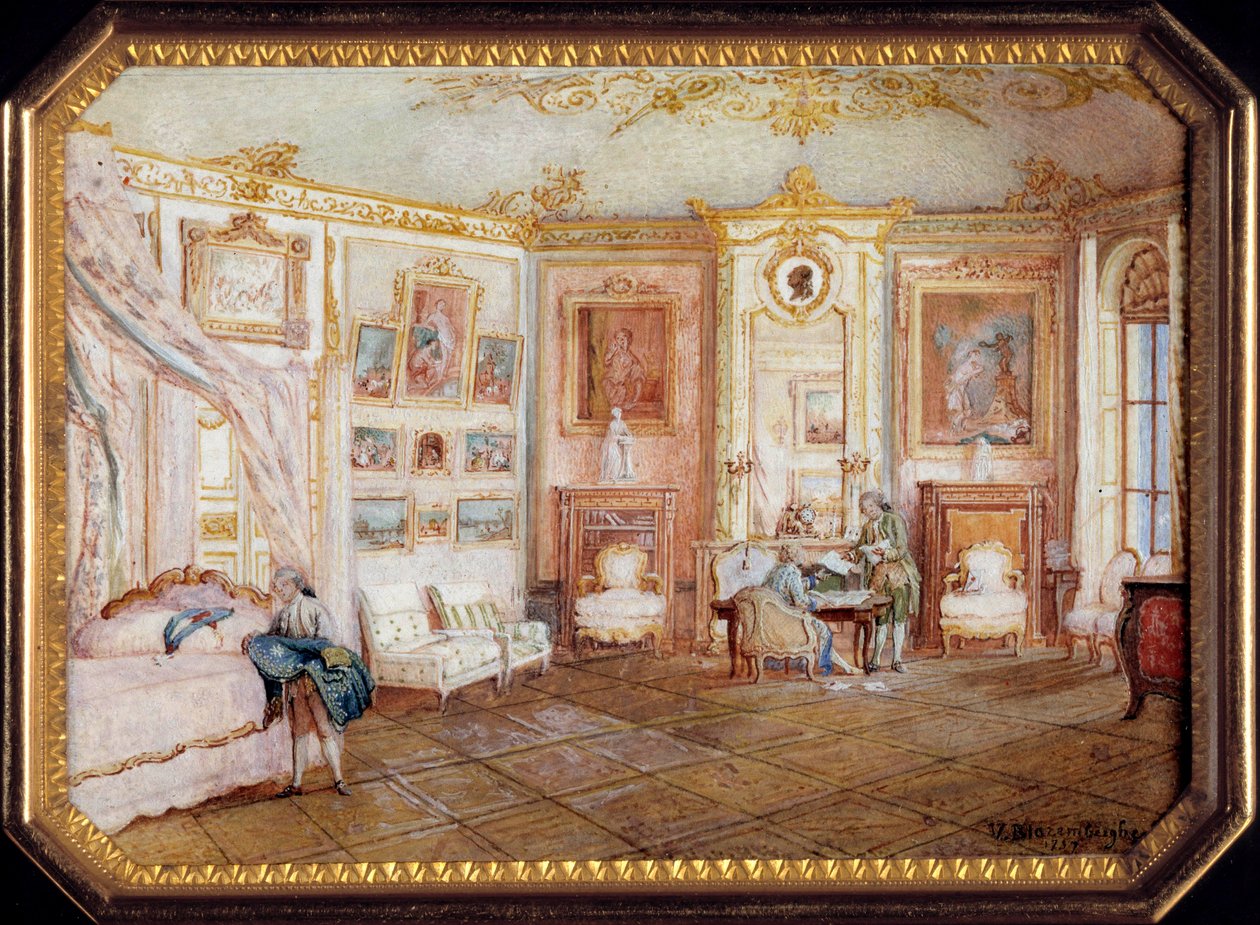 Låg på en tabatiere af Alexandre Leferre (ca. 1806-ca. 1838) dekoreret af et miniaturemaleri af Louis Nicolas Van Blarenberghe (1716-1794), der repræsenterer et rum under Ludvig XV. Omkring 1770. Søn 0,02x0,08x0,06 m Paris, musee du Louvre af Louis Nicolas van Blarenberghe