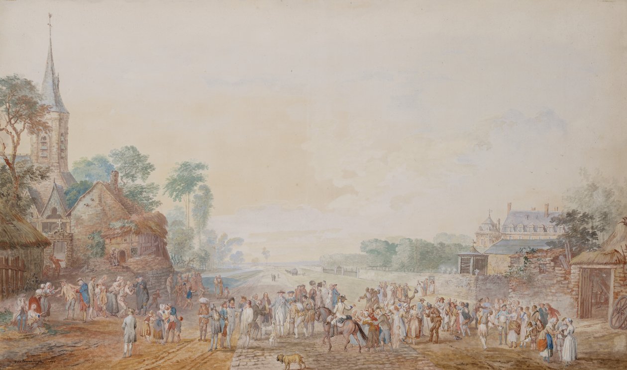 Hertugen af Penthievre med Benjamin Franklin på sin højre side, der deltager i en gennemgang af hans frivillige regiment ved siden af hans slot ved Rambouillet af Louis Nicolas van Blarenberghe