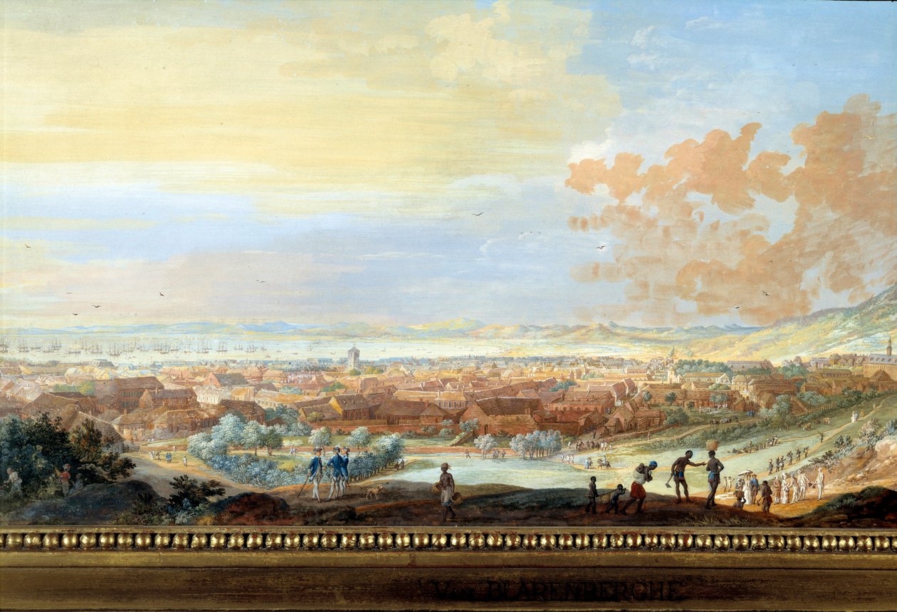 Udsigt over byen Cap francais (Cap de la Republique) udsigt fra bakken i Santo Domingo Detail. Maleri af Louis Nicolas Van Blarenberghe (1716-1794) 1779 La Rochelle, Museum of the New World. af Louis Nicolas van Blarenberghe
