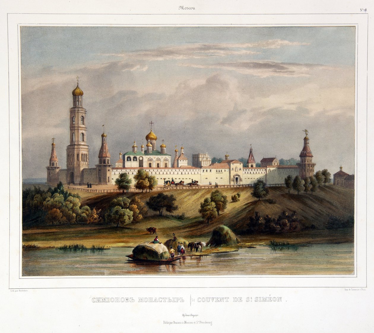Klosteret Saint Simon (Simeon), Moskva (Udsigt over Simonov-klosteret i Moskva). Værk af Louis Pierre Alphonse Bichebois (1801-1850), indgravering farvet i akvarel, begyndelsen af ​​det 19. århundrede. Fransk kunst, landskab, klassicisme. Statens Museum fo af Louis Philippe Alphonse Bichebois