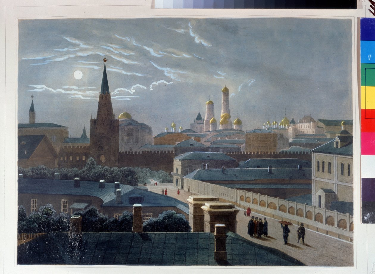 Udsigt over Kreml i Moskva. Tegning af Louis Pierre Alphonse Bichebois (1801-1850). Litografi farvet i akvarel, ca. 1830-1840, fransk kunst, klassicisme. A. Pushkin Memorial Museum, Sankt Petersborg. ©FineArtImag af Louis Philippe Alphonse Bichebois