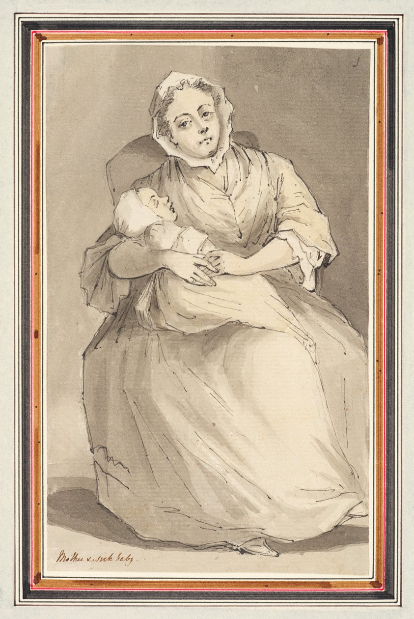 Siddende kvinde & barn (blyant, pen & blæk & akvarel på papir) af Louis Philippe Boitard
