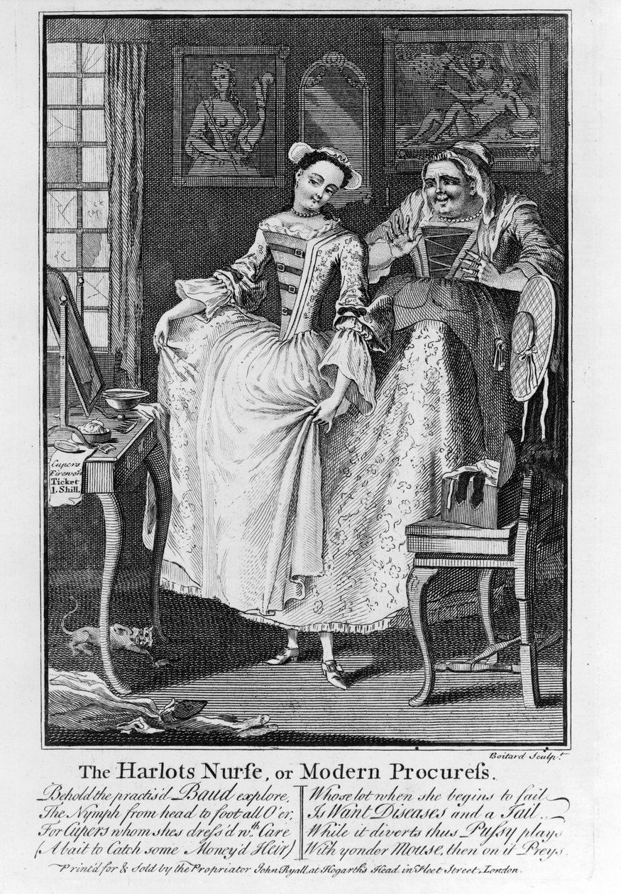 The Harlots Nurse eller Modern Procuress, pub. 1750 (bw gravering) af Louis Philippe Boitard