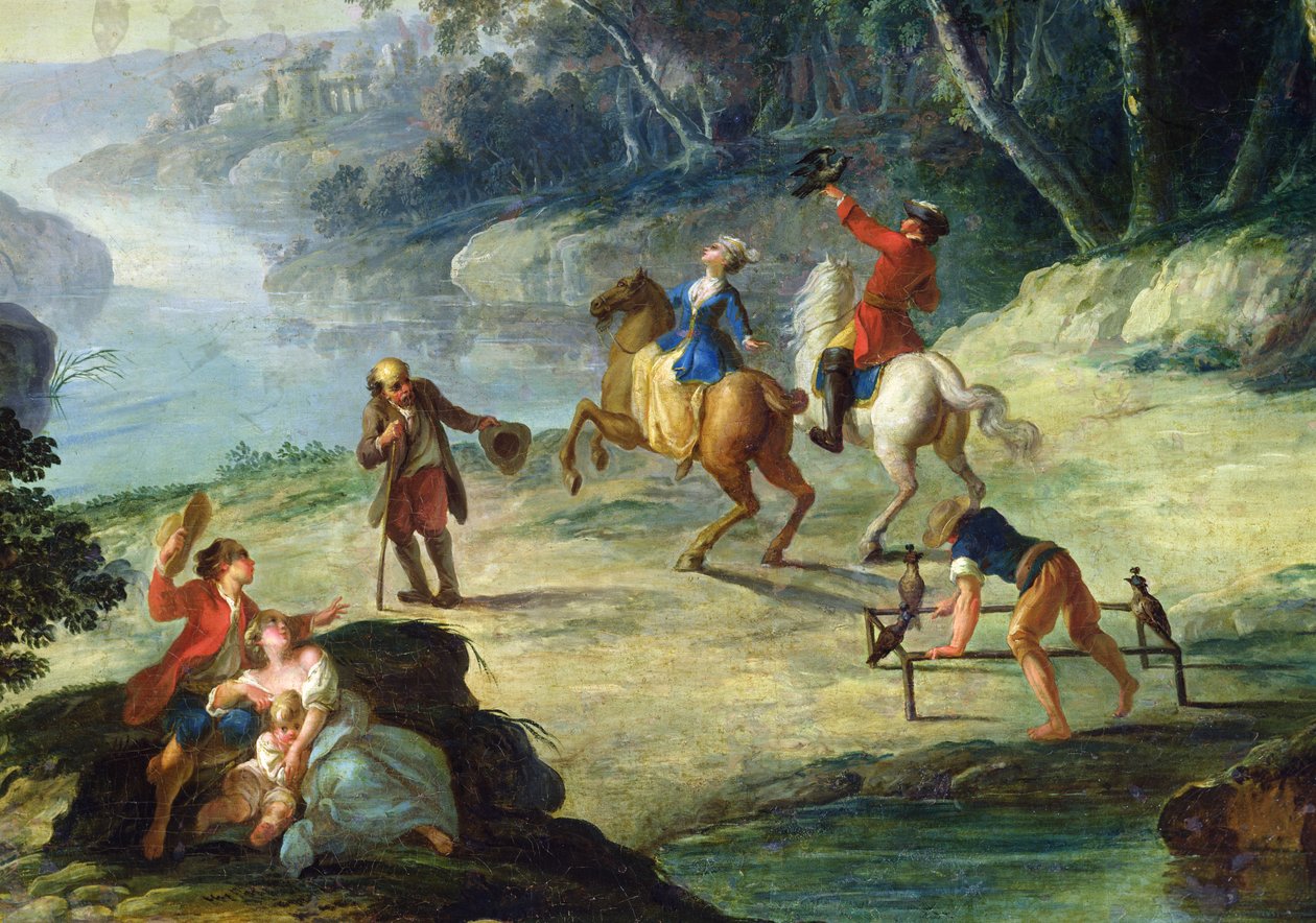 En jagt med falke, detalje af en rytter og en falkoner olie på lærred af Louis Philippe Crepin