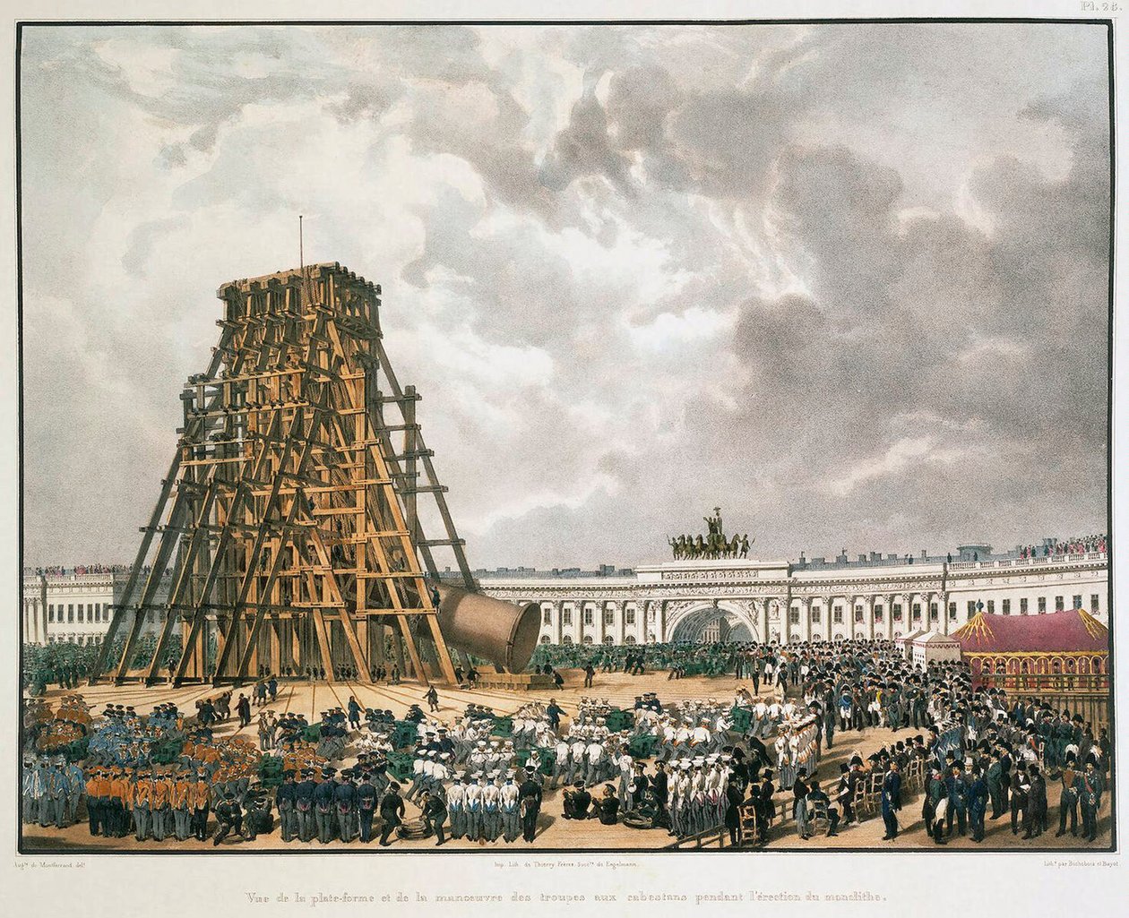 Rejsning af Alexandersøjlen i Sankt Petersborg, 1836. af Louis Pierre Alphonse Bichebois