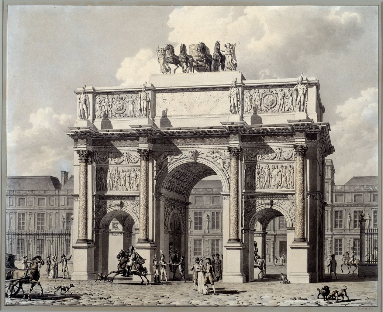 Udsigt over karrusellens triumfbue i Paris. Tegning i pen og blæk med vask af Pierre Louis Balard (1764 - 1846) af Louis Pierre Baltard