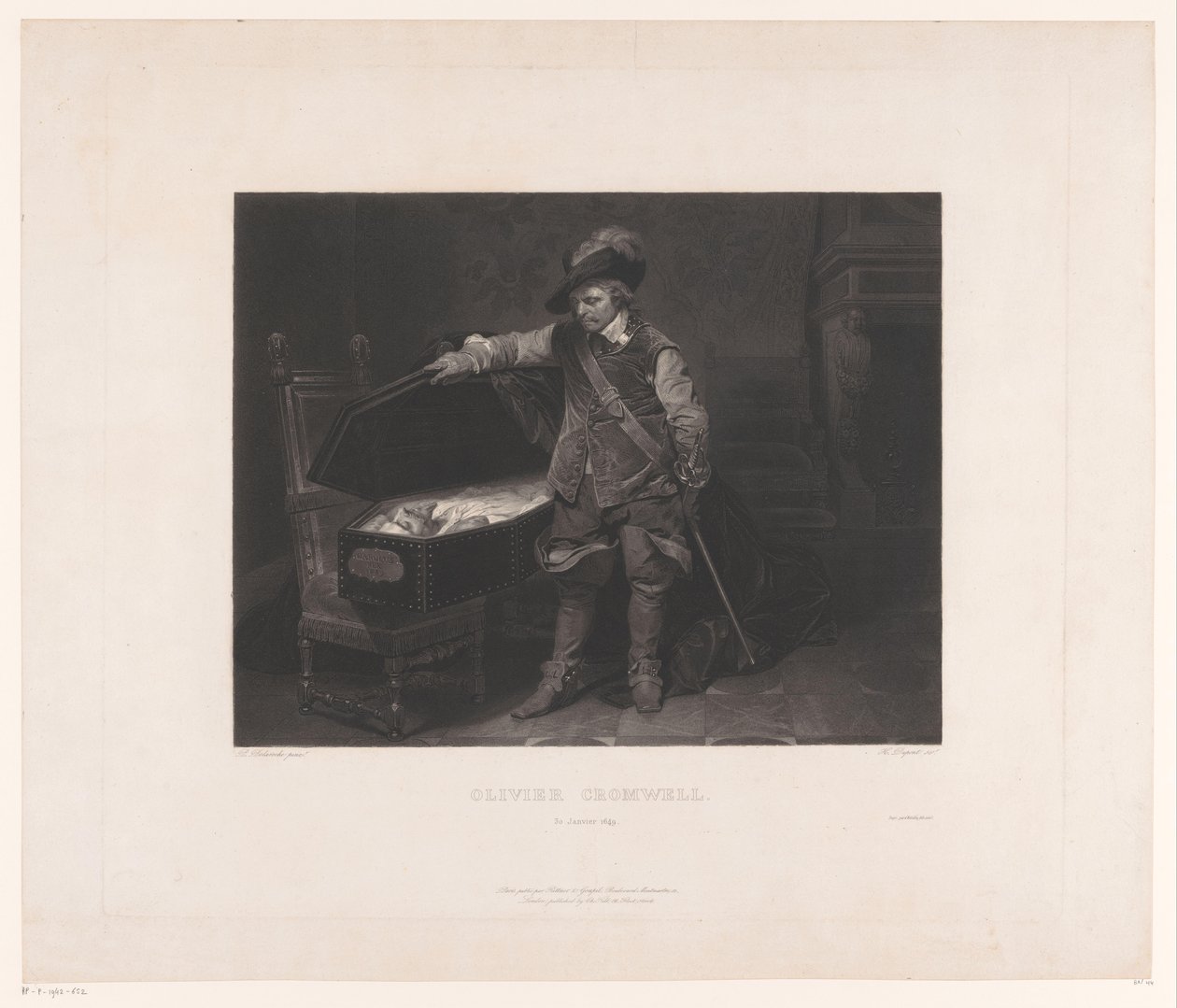 Oliver Cromwell ved kisten til Charles I, konge af England Oliver Cromwell. 30. januar 1649 (titel på objekt) af Louis Pierre Henriquel Dupont