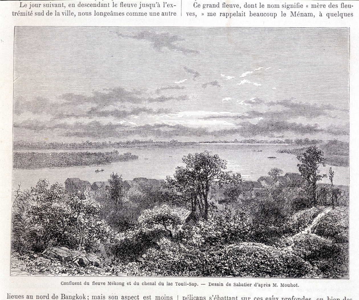Sammenløbet af Mekong-floden og Lake Touli Channel - slap. Tegning af Sabatier ifølge hr. Mouhot. “Tour du monde” af Louis Remy Sabatier