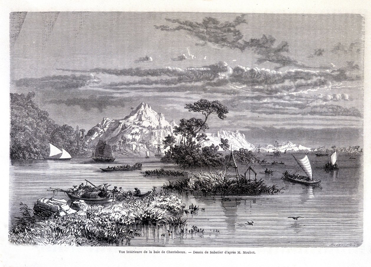 Indre udsigt over Chantaboun-bugten. 1874. Tegning af Sabatier ifølge hr. Mouhot. “Tour du monde” af Louis Remy Sabatier