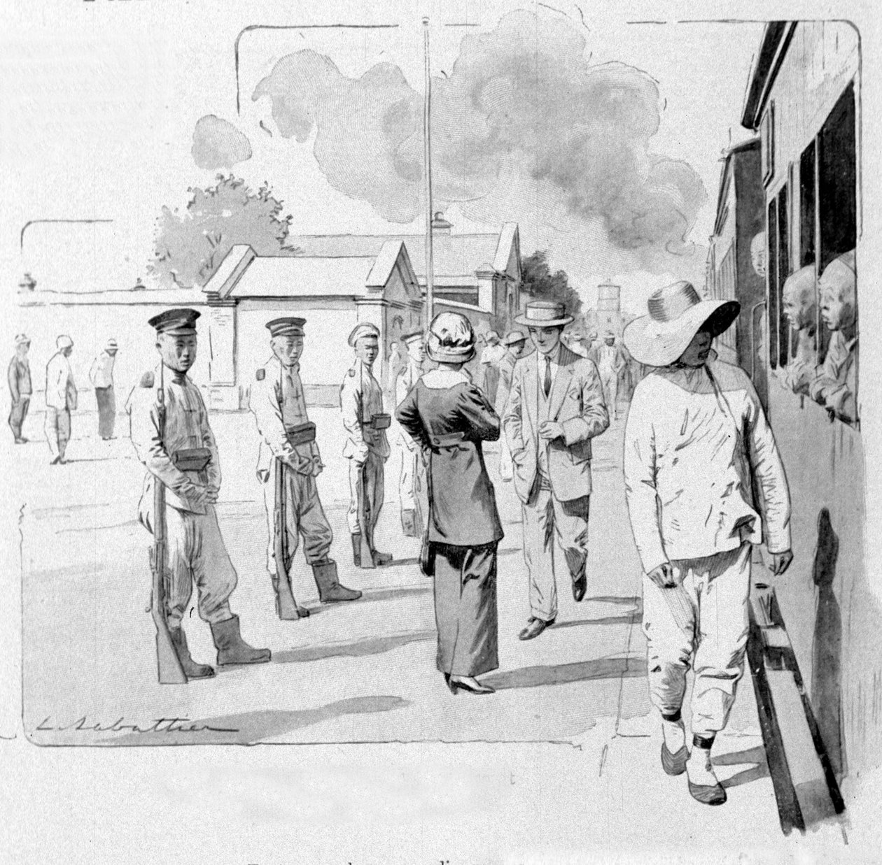 En kinesisk konduktør ved et stop på Transsibirien. 1913. Illustration af Sabattier. af Louis Remy Sabattier