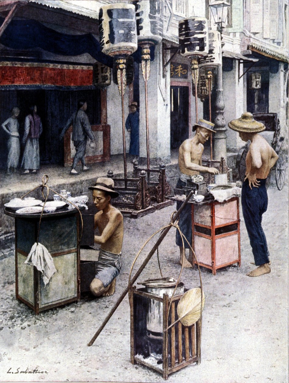 Mobile restauranter i Singapores Chinatown. Illustration af L. Sabatier. 19. århundrede. af Louis Remy Sabattier