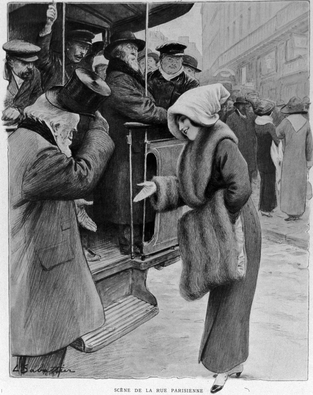 Høflighed: Scene fra den parisiske gade - Gårsdagens Galenterie i dagens Paris. En gammel mand og en ung kvinde ved busstoppestedet. Illustration af Sabatier. n.d. 1910