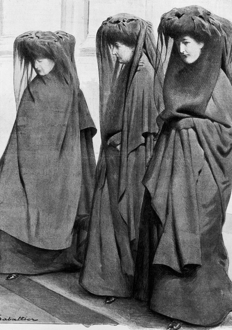 Prinsesserne Louise, Stephanie og Clementine af Sachsen Cobourg (Saxe-Cobourg) i sorg ved begravelsen af deres far, kong Leopold II af Belgien (1835-1909) i december 1909. Illustration af Louis Remy Sabattier (1863-1935) af Louis Remy Sabattier