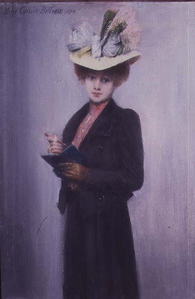En elegant dame med en blå notesbog af Louis Robert Carrier Belleuse