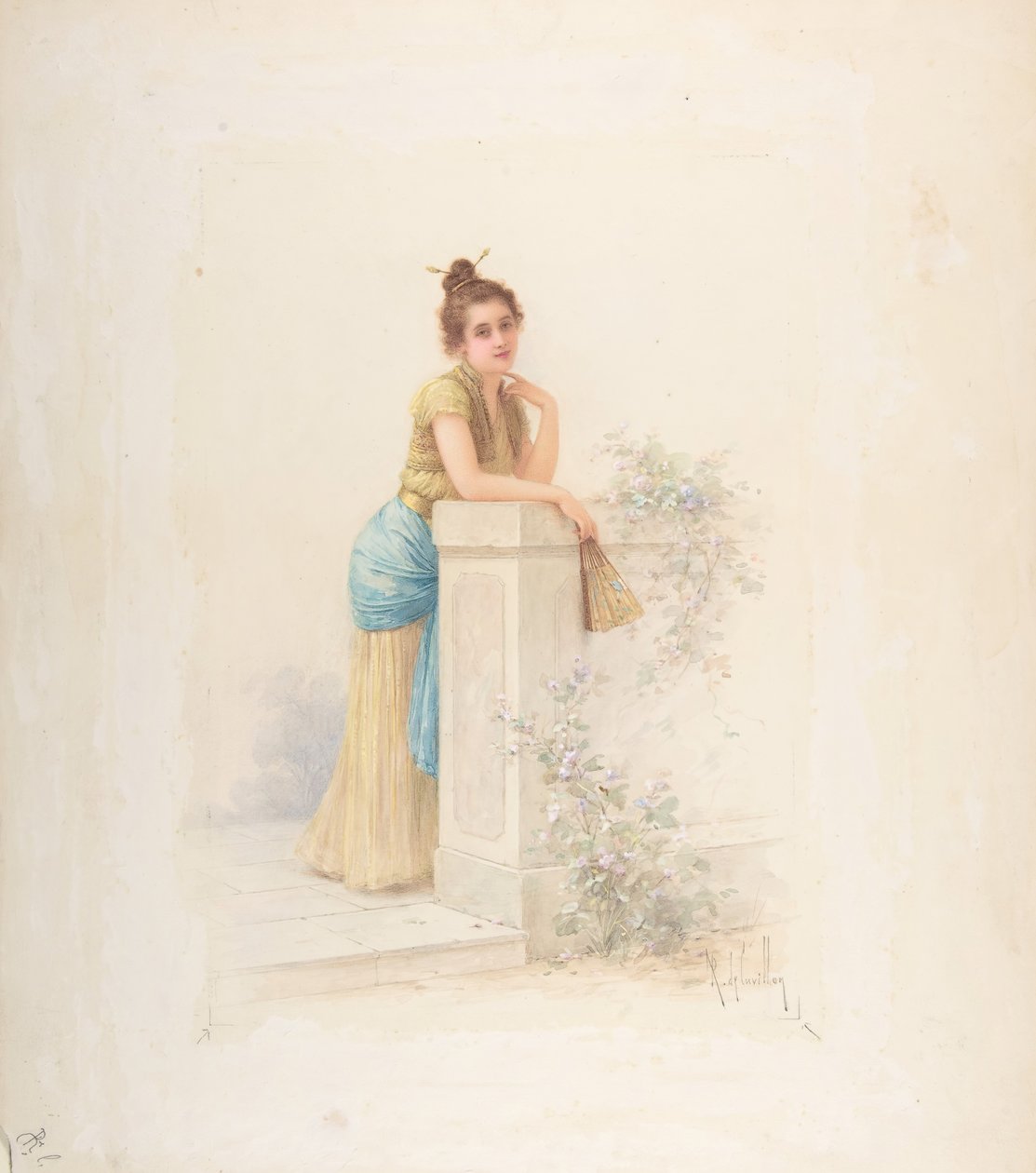 Dame med en fan, n.d.. af Louis Robert Cuvillon