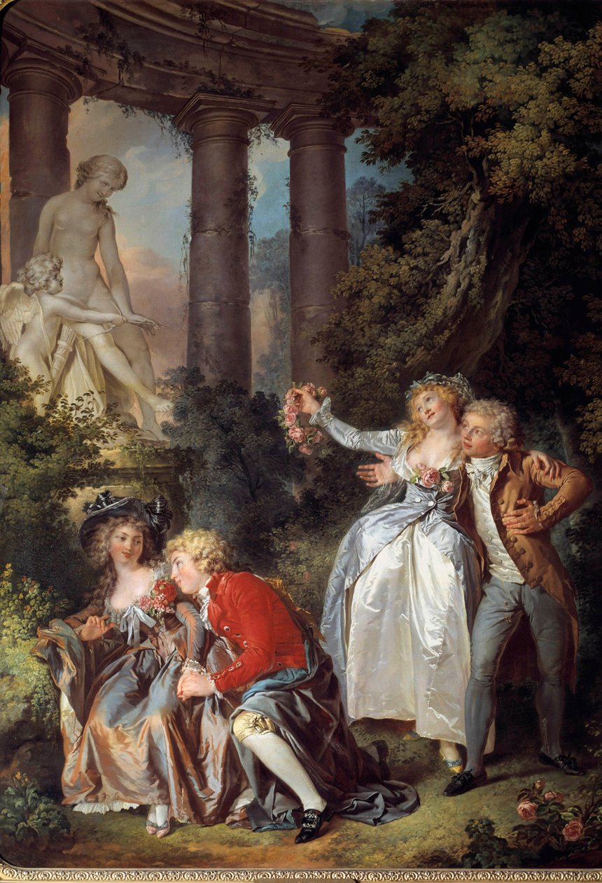 Tilbyder en Galante Venus Scene i et romantisk landskab af gamle ruiner. Maleri af Louis Trinquesse (1746-1800) 1786 søn. 1,30 x 0,98 m. Dijon. Museum for Skønne Kunster af Louis Rolland Trinquesse
