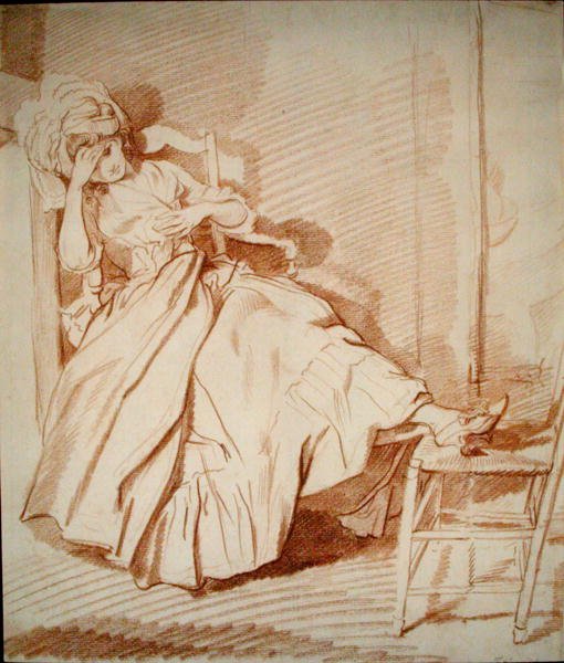 Studie af en sovende pige (rødt kridt på papir) af Louis Rolland Trinquesse