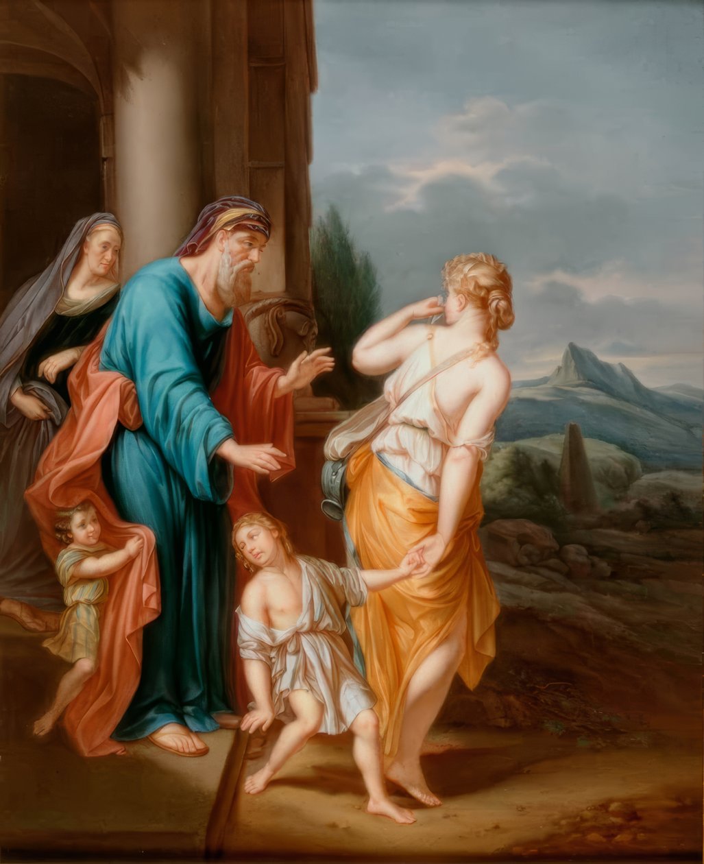 Sarah med barn foran portalen og Hagar af Louis Scherf