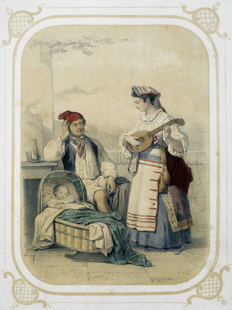 Familie i kongeriget Napoli, Italien - i "" Album du jeune voyageur", illustreret af Louis Lassalle af Louis Simon Lassalle